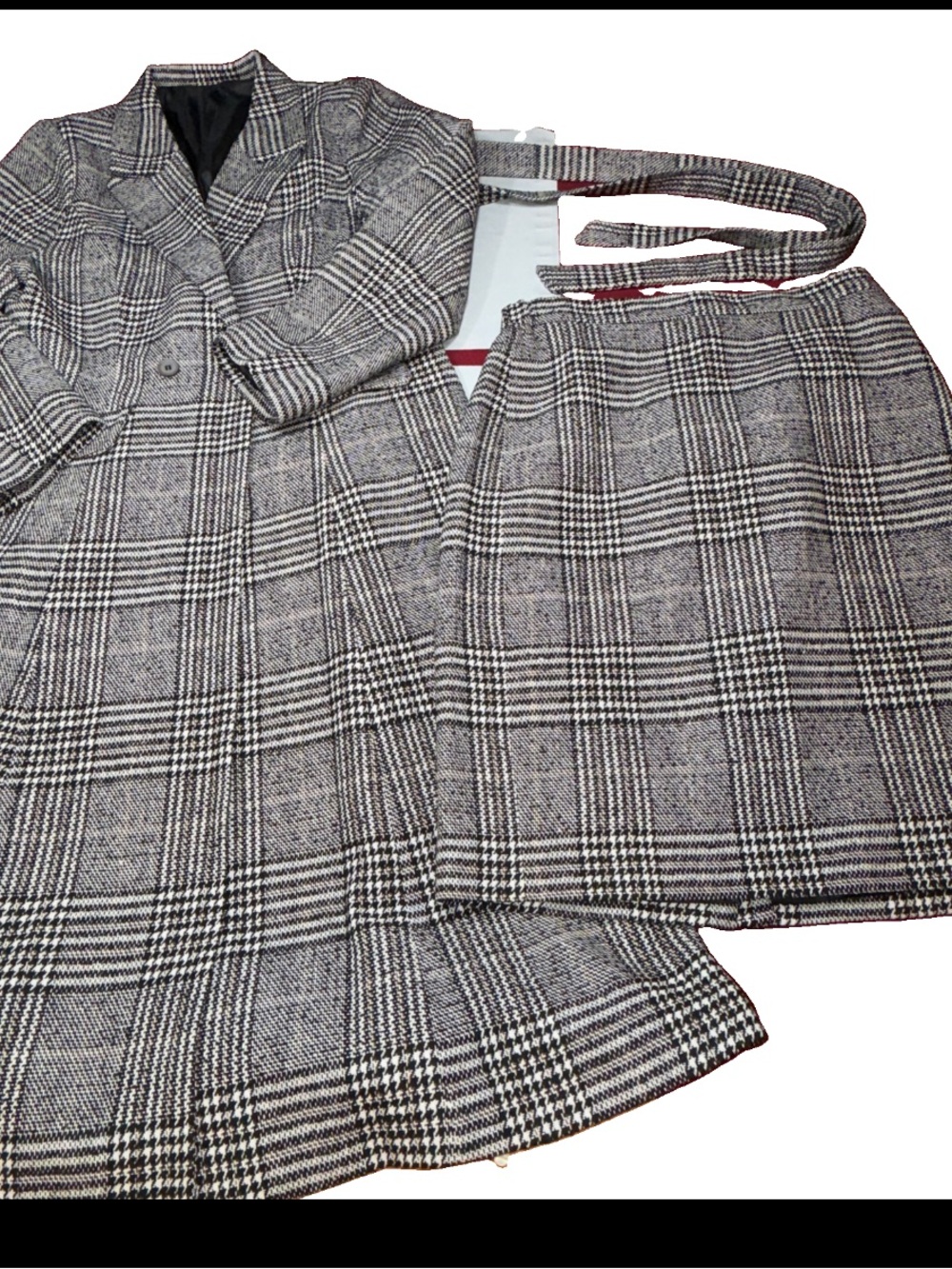 Houndstooth BLACK white Plaid Long Trench Coat,pencil Skirt, Belt SET Women’s 2X